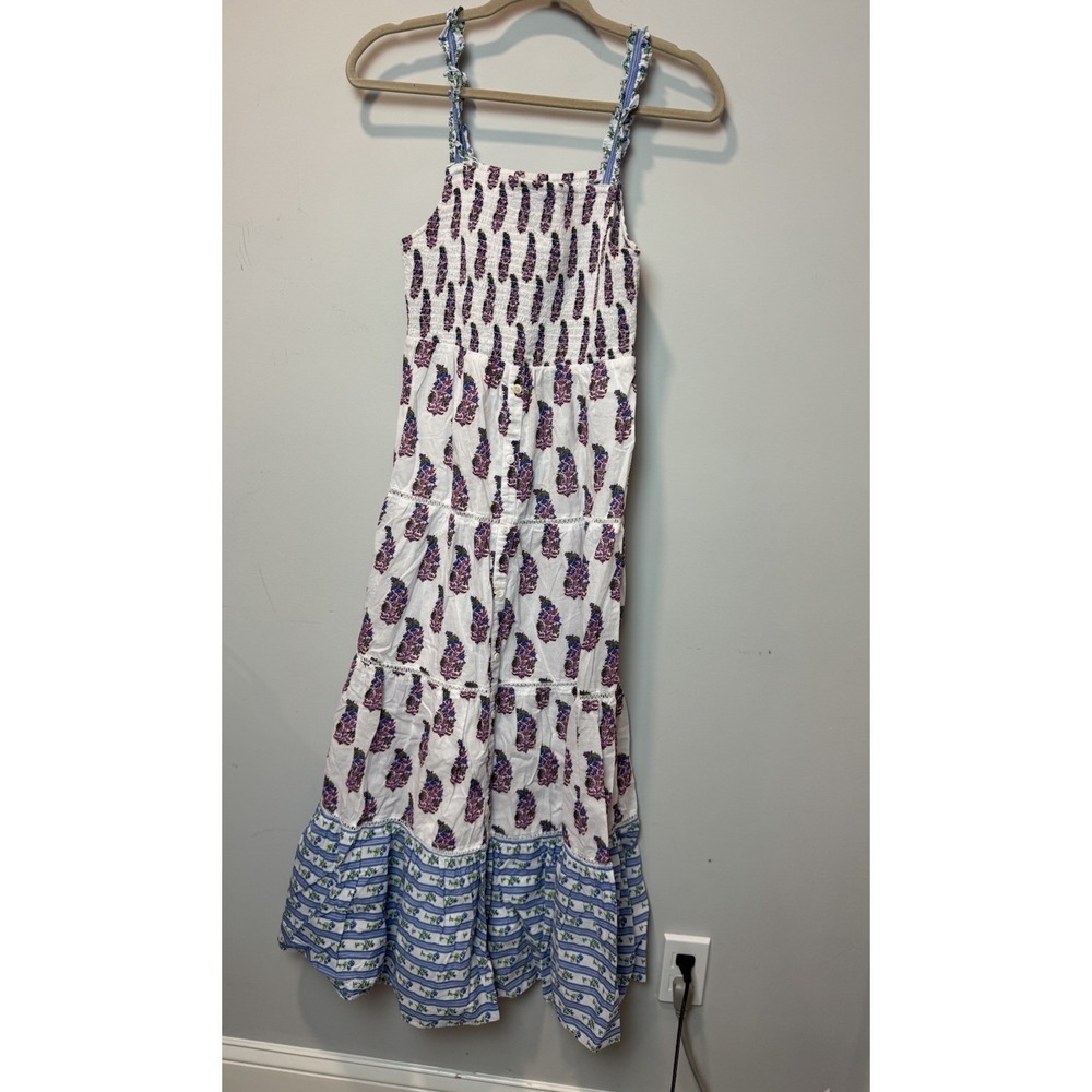 Celina Moon Pink Blue Sundress Boho Printed Cotton Smocked Maxi Dress Size M